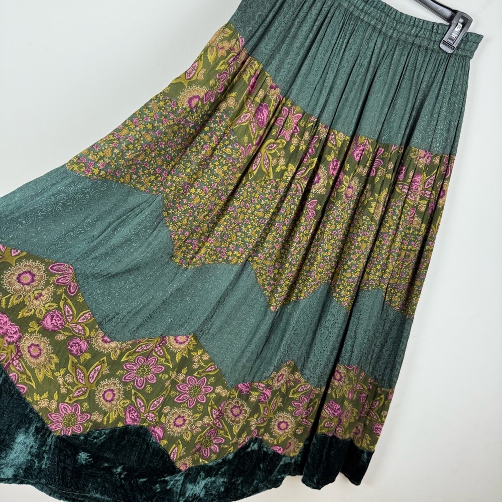 Green and Pink Floral Tiered Rayon, velvet, jacquard Maxi Skirt - Large Vintage